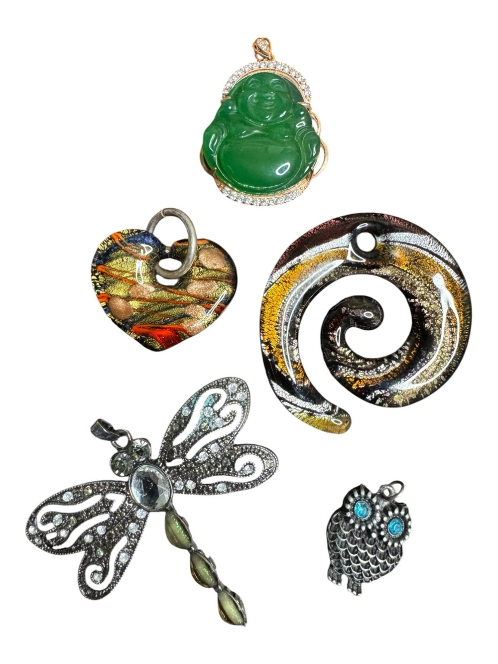 Whimsy Pendant Bundle Art Glass Swirl Heart Owl Buddha and Dragonfly